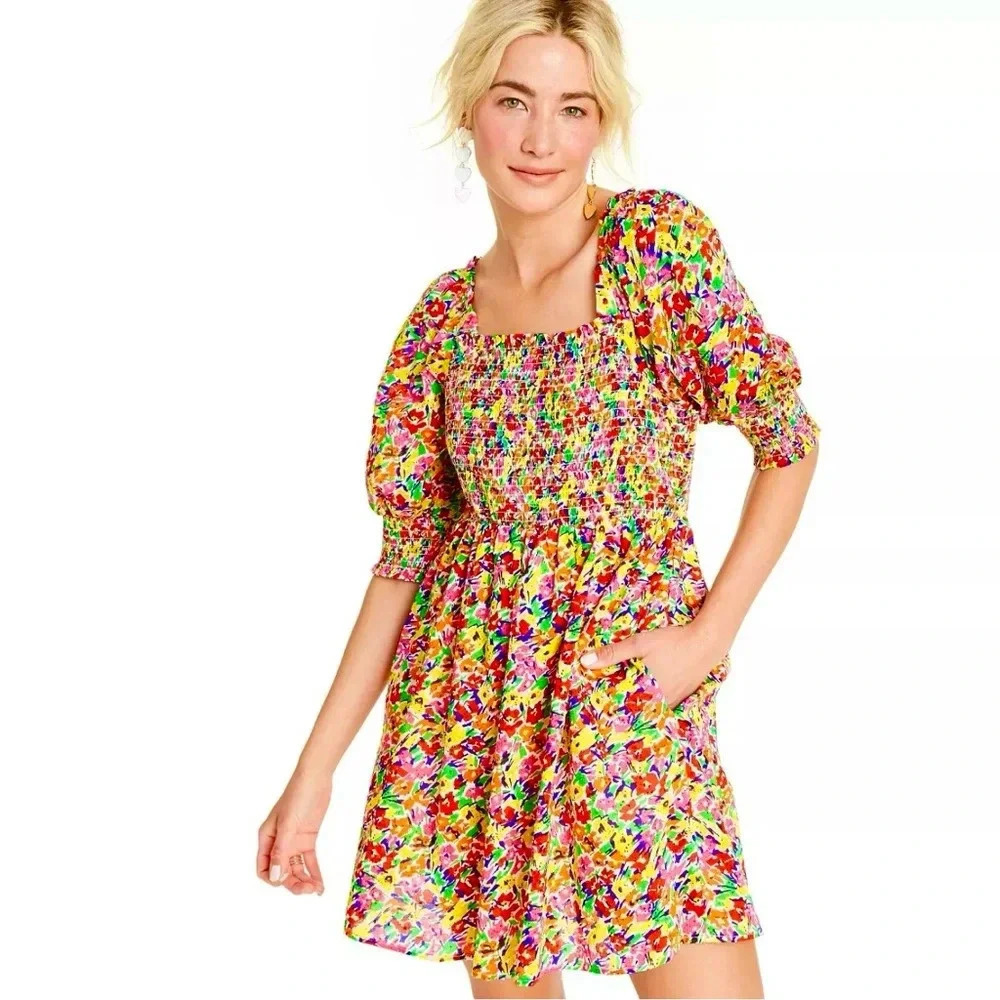 Rixo X Target Floral Smocked Swiss Dot Mini Dress with Pockets Size S